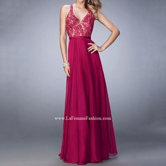 𝅺LA Femme 22186 fuschia floral lace racer back cutout chiffon maxi dress - Picture 1 of 9